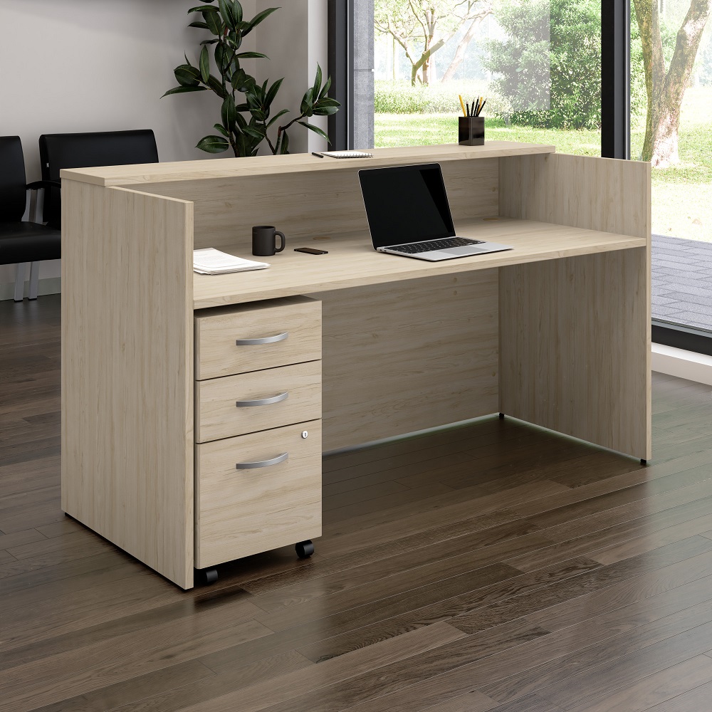BBF Arrive 72W x 30D Reception Desk with Shelf and Mobile File Cabinet