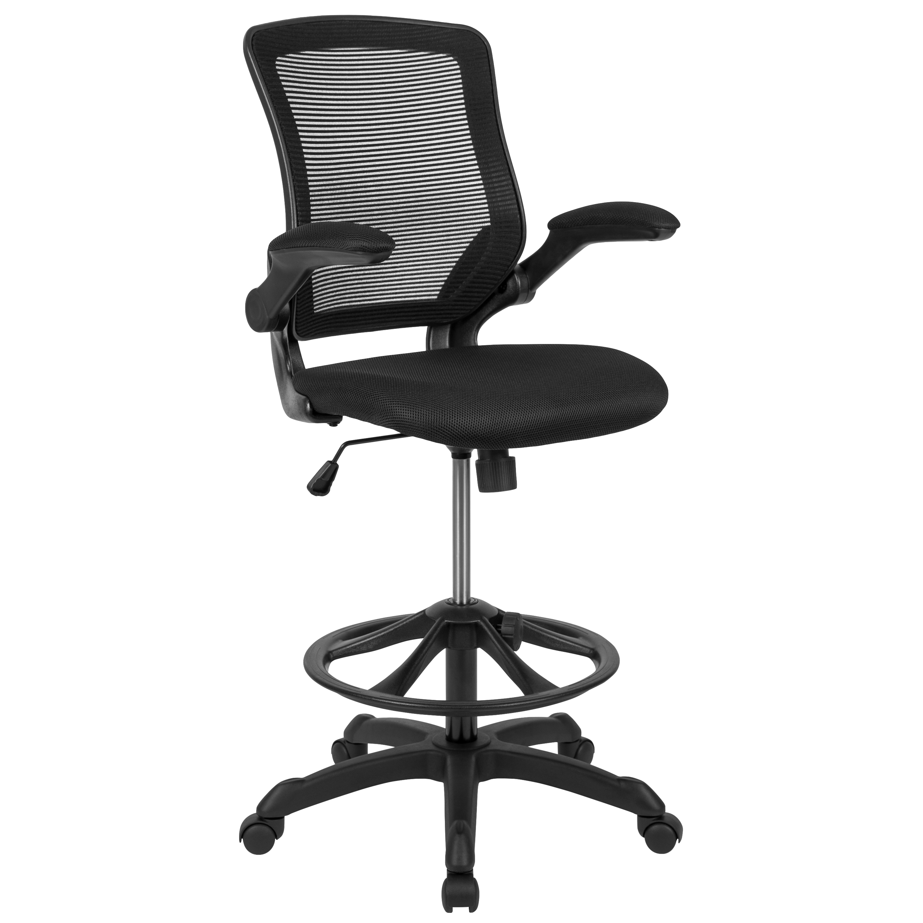 Flash Mid-Back Black Mesh Ergonomic Drafting Chair with Adjustable Foot Ring and Flip-Up Arms - BL-ZP-8805D-BK-GG