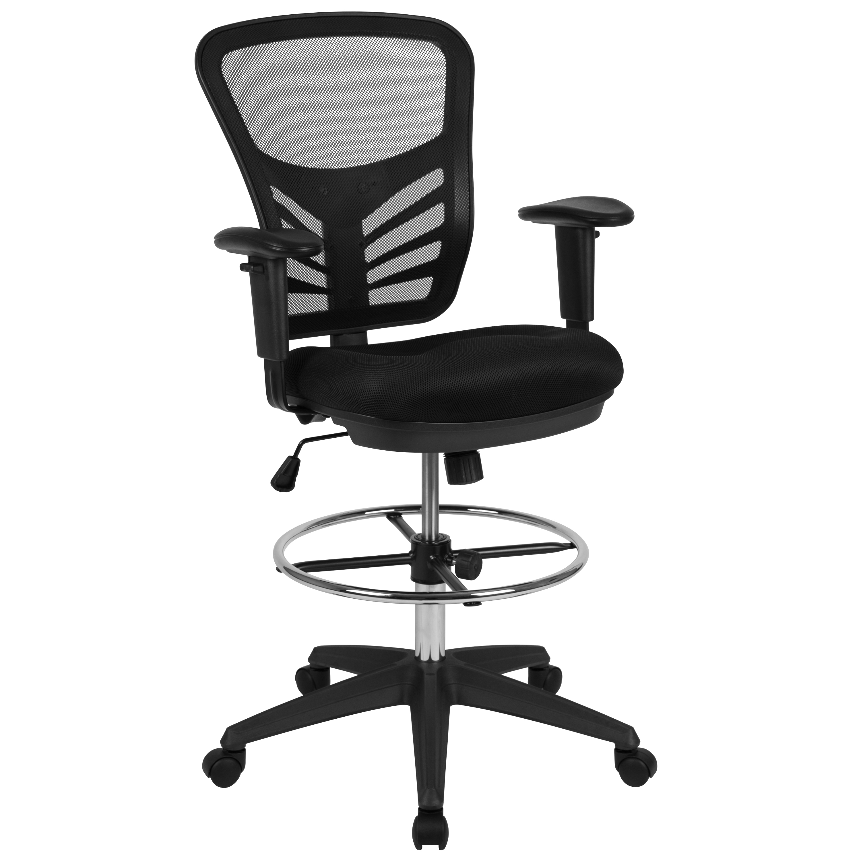 Flash Mid-Back Black Mesh Ergonomic Drafting Chair with Adjustable Chrome Foot Ring, Adjustable Arms and Black Frame - HL-0001-1CBLACK-GG